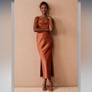BHLDN Cali-Satin Cowl Neck MIDI Slip Dress in Terra Cotta